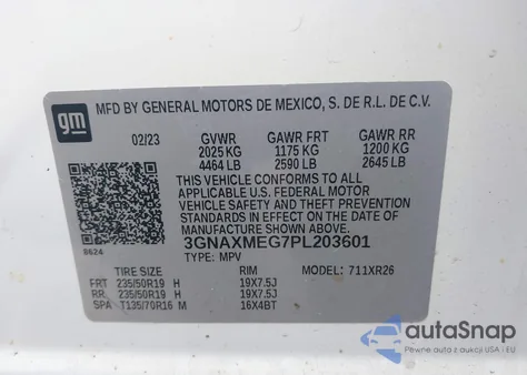 2023 Chevrolet Equinox Fwd Rs z USA, uszkodzony, nr VIN 3GNAXMEG7PL203601
